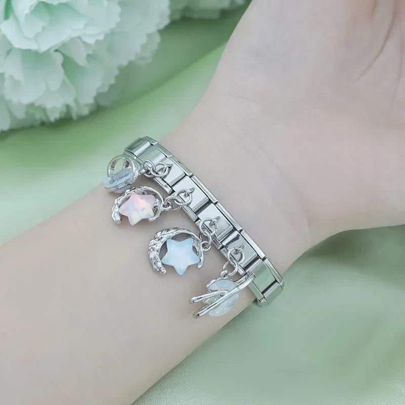 Celestial moon and star dangle Italian charm close-up — 9mm bracelet, by Charmtastic