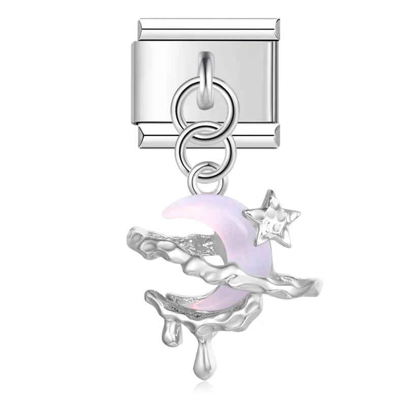 Silver opal pink moon and star tassel dangle — Italian charm bracelet, by Charmtastic