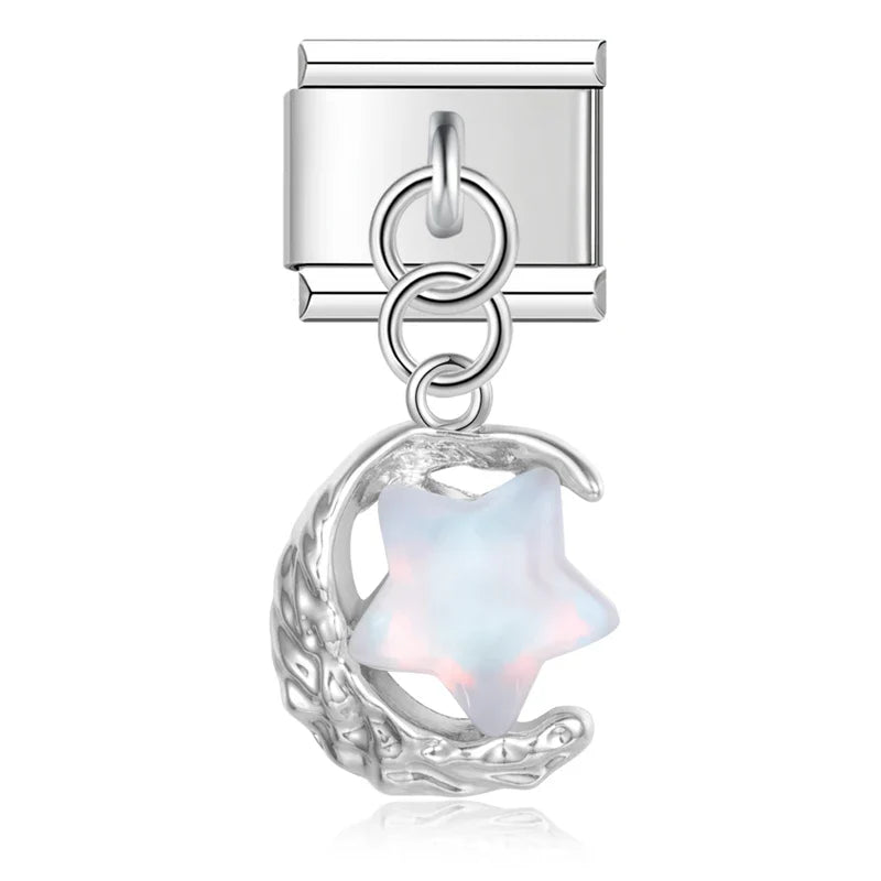 Silver opal white moon and star dangle — Italian charm bracelet, by Charmtastic