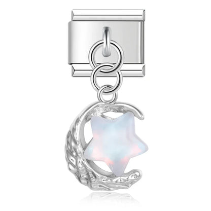 Silver opal white moon and star dangle — Italian charm bracelet, by Charmtastic