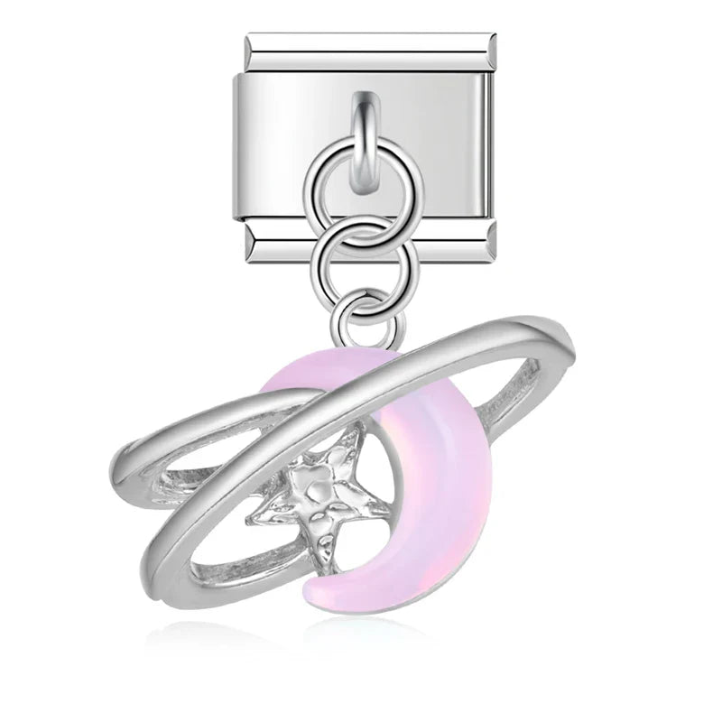 Silver opal pink planet dangle — Italian charm bracelet, by Charmtastic