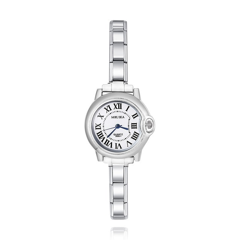 Silver watch with white dial featuring Roman numerals charmtastic