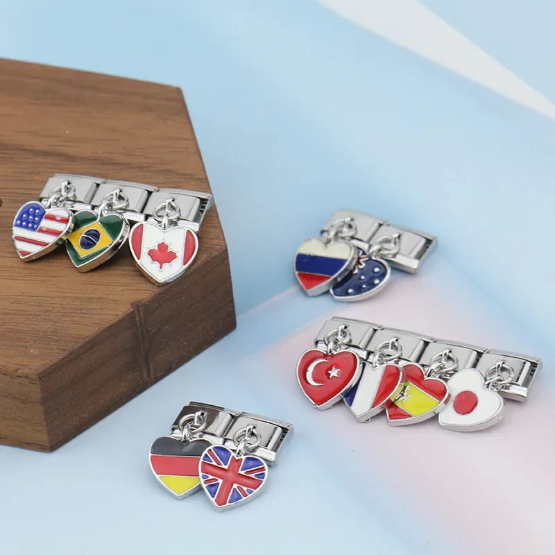 Set of heart-shaped charms with various country flags italain charms bracelet 