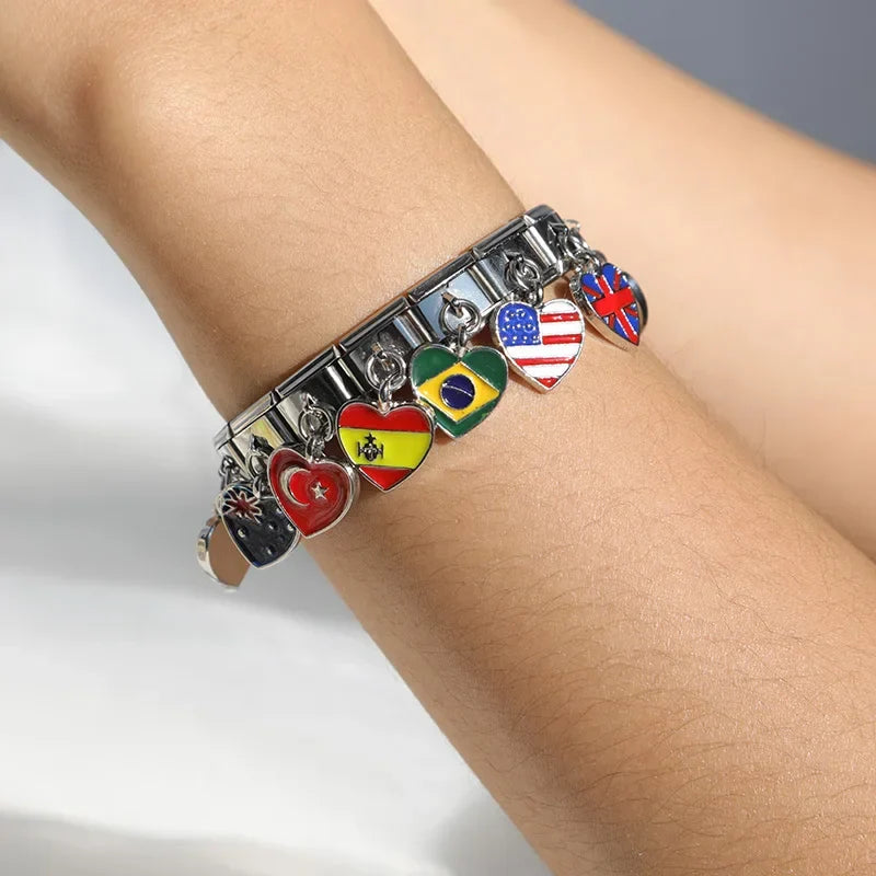 Bracelet with heart-shaped charms featuring various flags , italain charms bracelet 