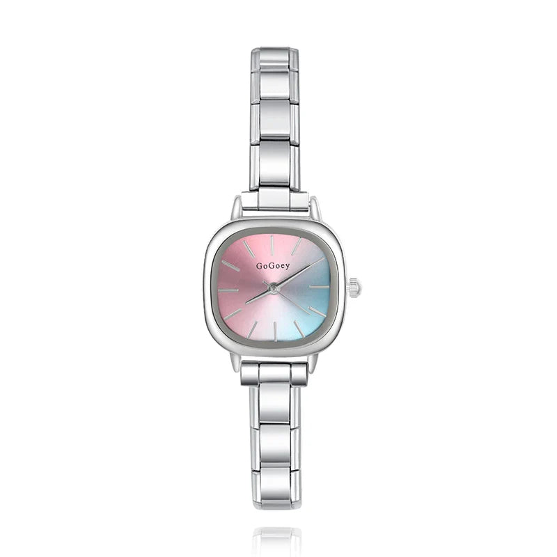 Silver watch with a multicolored face on charmtastic customaizable watch