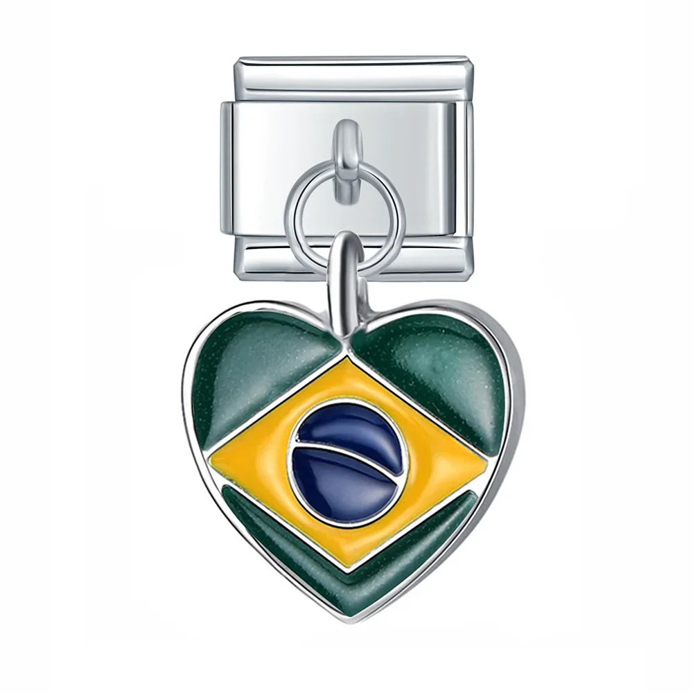 Heart-shaped charm with Brazilian flag design on a white background