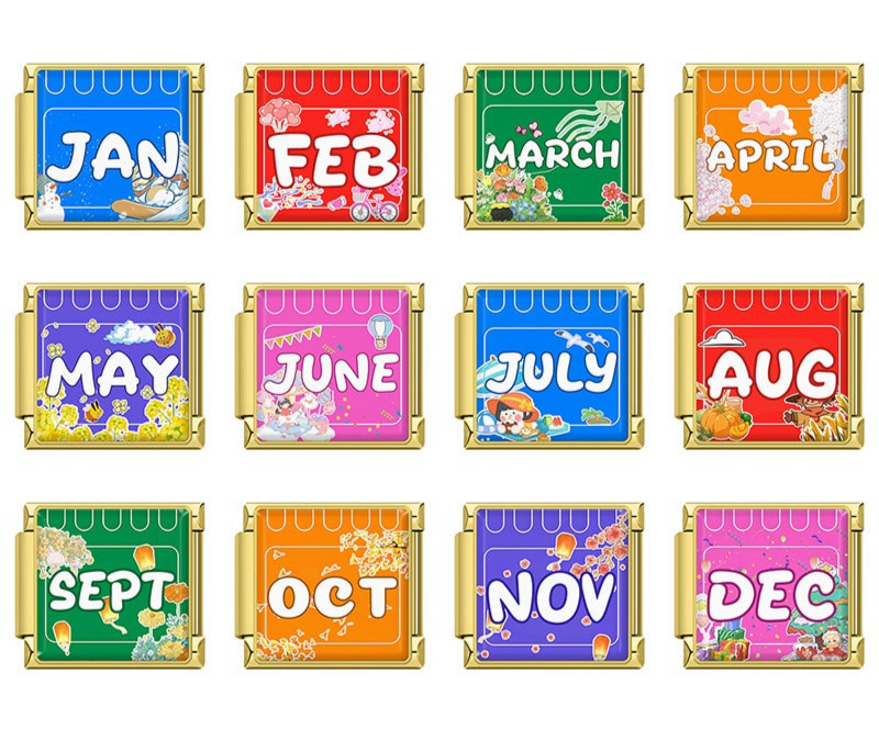 A set of 12 colorful monthly calendar Italian charms from January to December on gold-toned 9mm stainless steel modular links - Charmtastic