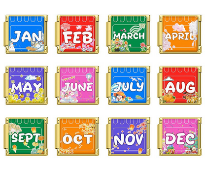 A set of 12 colorful monthly calendar Italian charms from January to December on gold-toned 9mm stainless steel modular links - Charmtastic