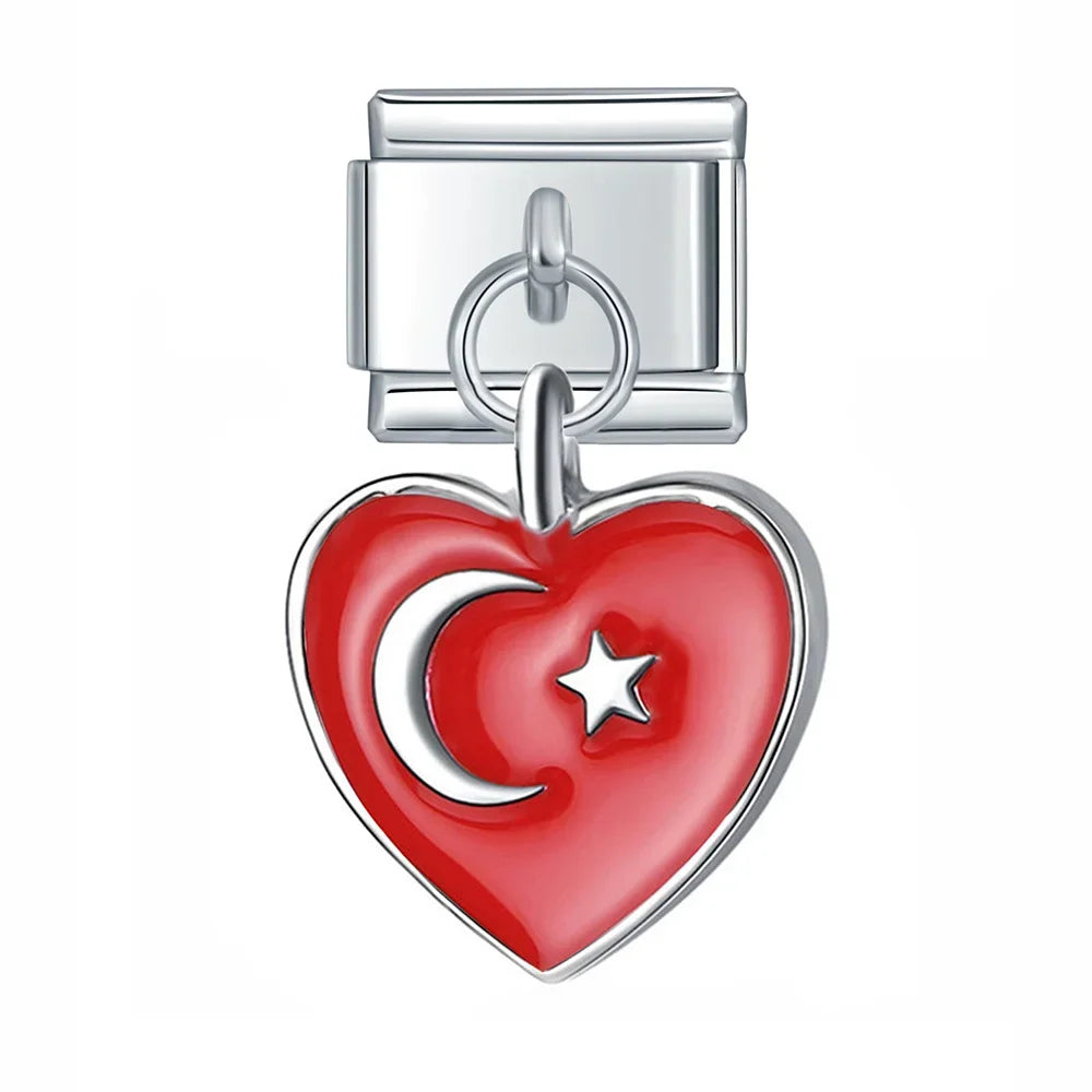 Heart-shaped charm with turkey flag design italian charm 