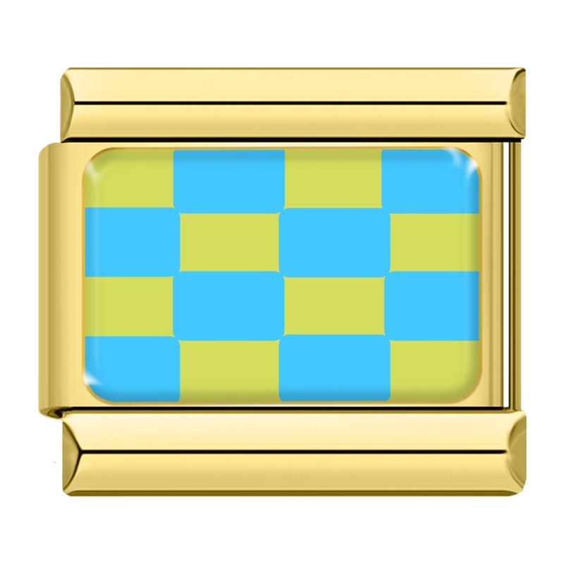 Blue and green checkerboard Italian charm, gold frame, by Charmtastic