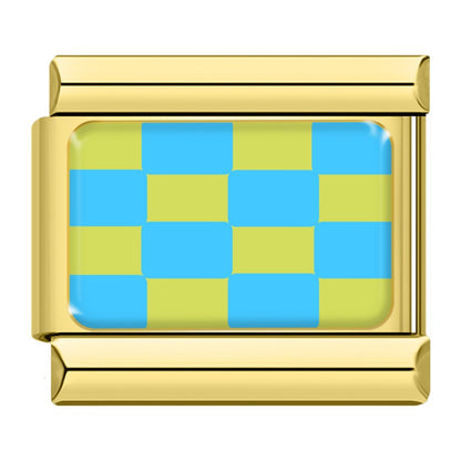 Blue and green checkerboard Italian charm, gold frame, by Charmtastic