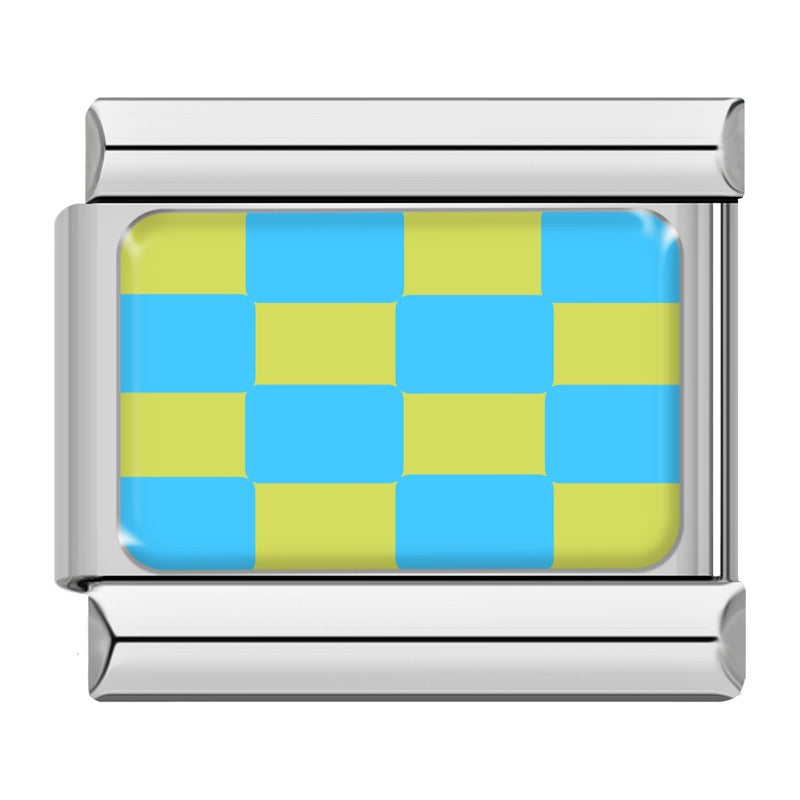 Blue and green checkerboard Italian charm, silver frame, by Charmtastic