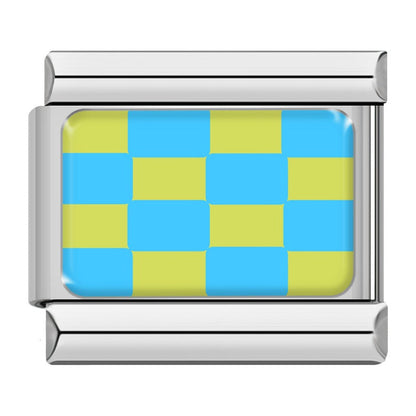 Blue and green checkerboard Italian charm, silver frame, by Charmtastic