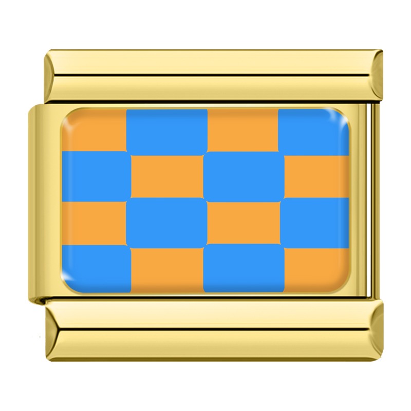 Blue and orange checkerboard Italian charm, gold frame, by Charmtastic