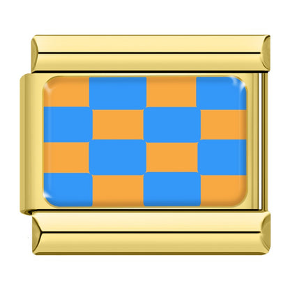 Blue and orange checkerboard Italian charm, gold frame, by Charmtastic