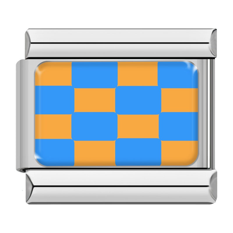 Blue and orange checkerboard Italian charm, silver frame, by Charmtastic