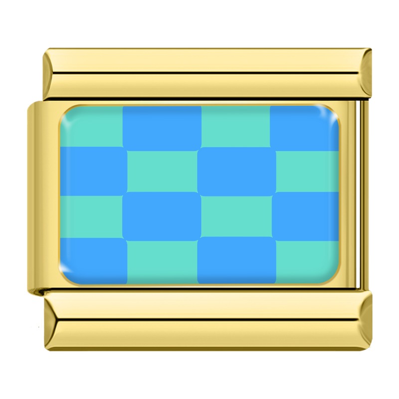 Blue and teal checkerboard Italian charm, gold frame, by Charmtastic