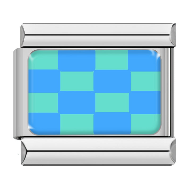 Blue and teal checkerboard Italian charm, silver frame, by Charmtastic