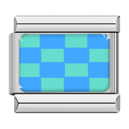 Blue and teal checkerboard Italian charm, silver frame, by Charmtastic