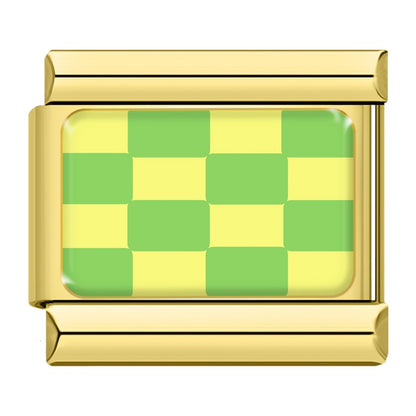 Green and yellow checkerboard Italian charm, gold frame, by Charmtastic