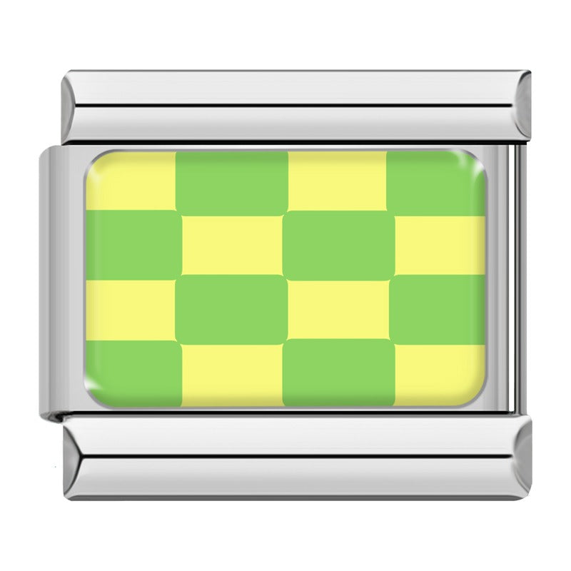 Green and yellow checkerboard Italian charm, silver frame, by Charmtastic