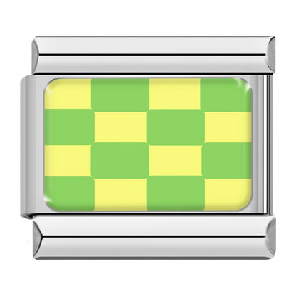 Green and yellow checkerboard Italian charm, silver frame, by Charmtastic