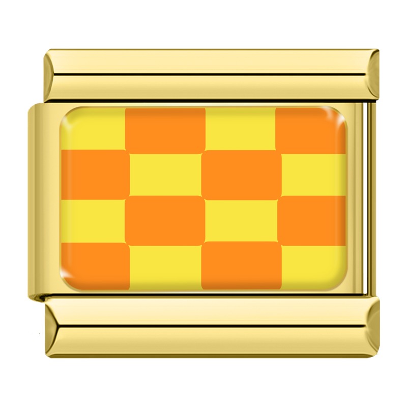 Orange and yellow checkerboard Italian charm, gold frame, by Charmtastic