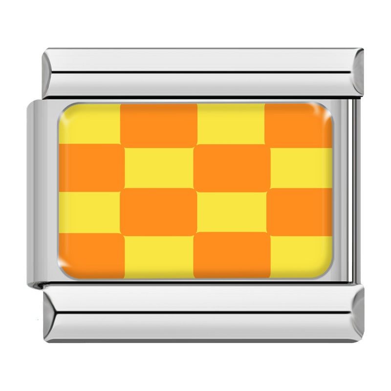 Orange and yellow checkerboard Italian charm, silver frame, by Charmtastic