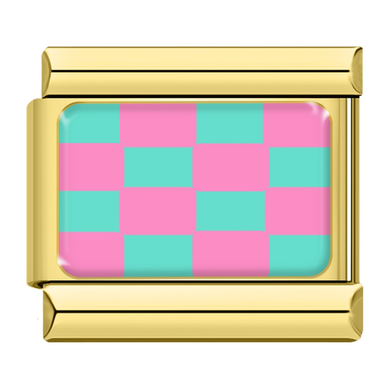 Pink and teal checkerboard Italian charm, gold frame, by Charmtastic