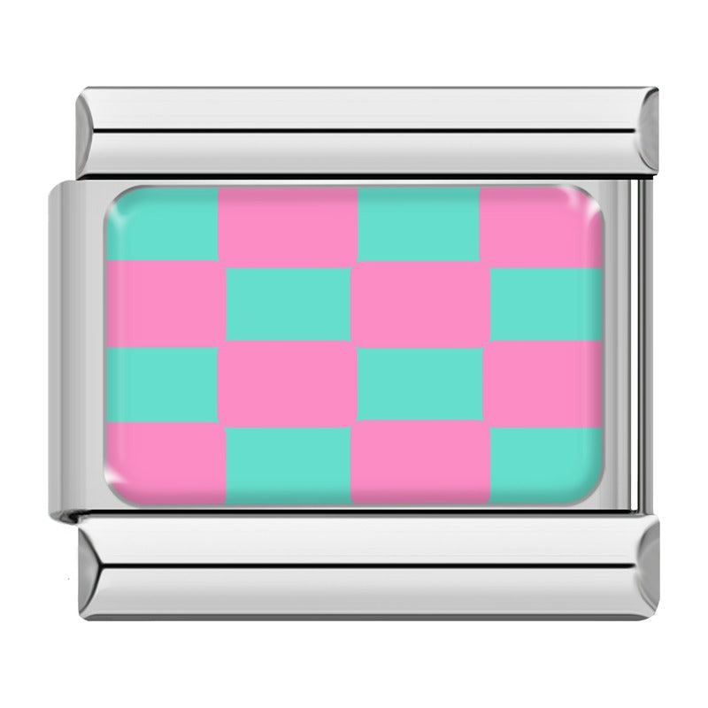 Pink and teal checkerboard Italian charm, silver frame, by Charmtastic