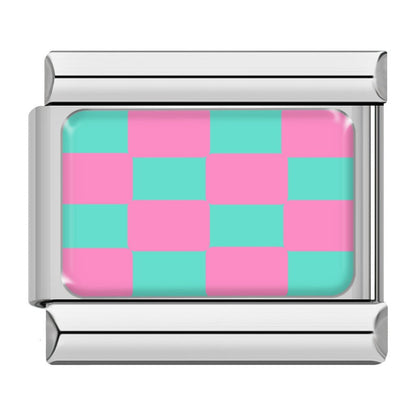 Pink and teal checkerboard Italian charm, silver frame, by Charmtastic