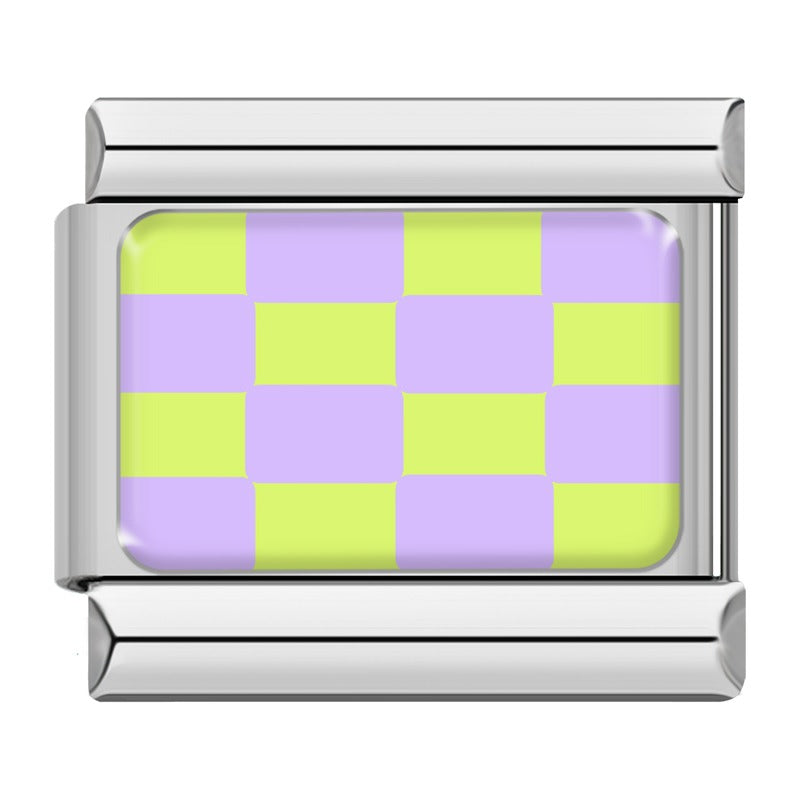 Purple and lime checkerboard Italian charm, silver frame, by Charmtastic