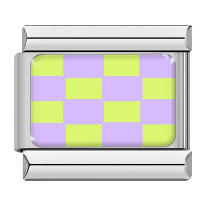 Purple and lime checkerboard Italian charm, silver frame, by Charmtastic