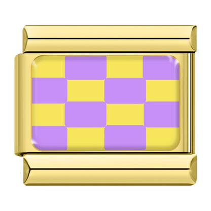 Purple and yellow checkerboard Italian charm, gold frame, by Charmtastic