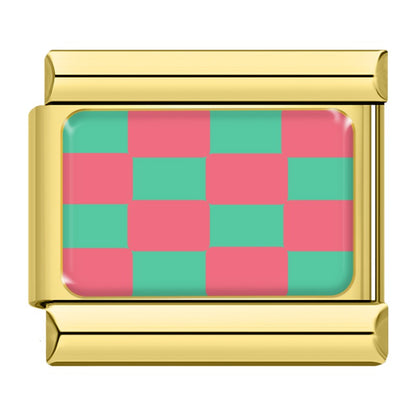 Red and green checkerboard Italian charm, gold frame, by Charmtastic