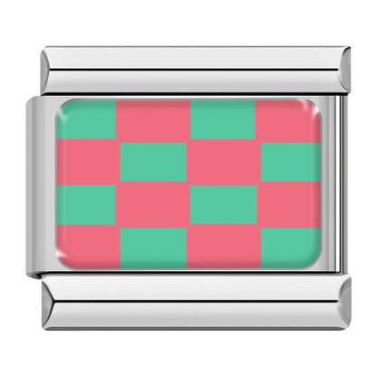 Red and green checkerboard Italian charm, silver frame, by Charmtastic