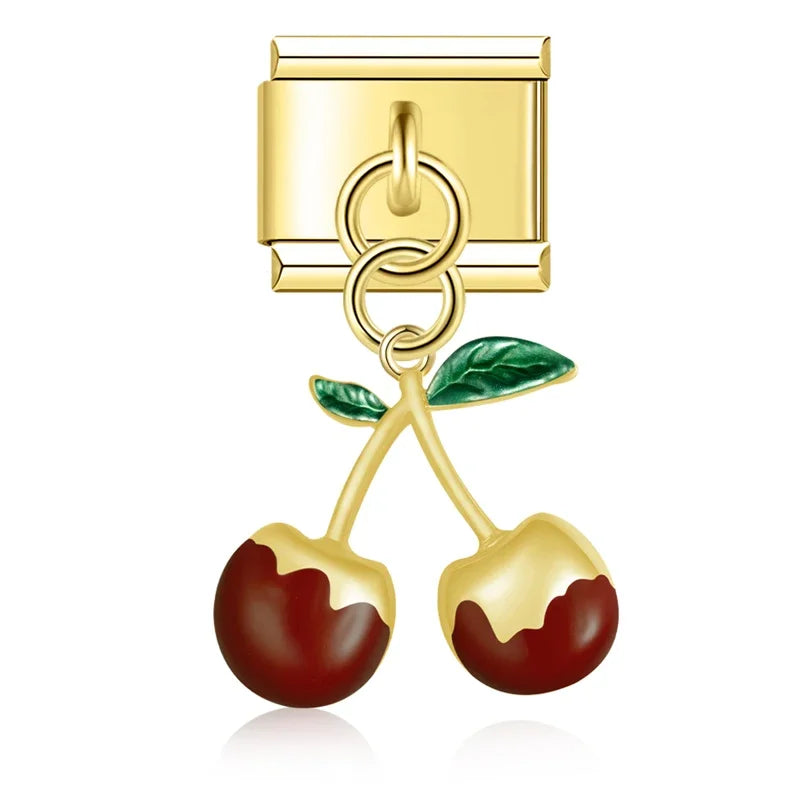 Cherry charms silver&gold – gold double cherry charm with maroon enamel finish, Italian charm bracelet charm by Charmtastic