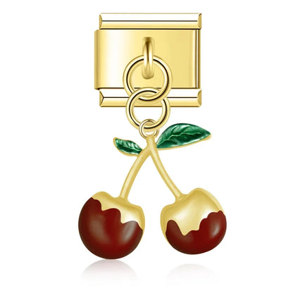 Cherry charms silver&gold – gold double cherry charm with maroon enamel finish, Italian charm bracelet charm by Charmtastic