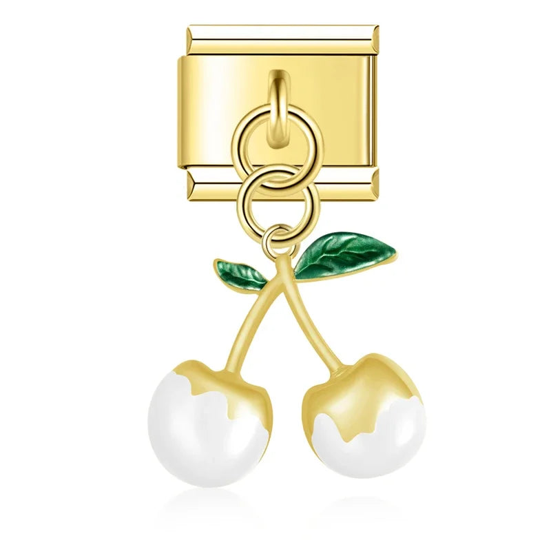 Cherry charms silver&gold – gold double cherry charm with white enamel finish, Italian charm bracelet charm by Charmtastic