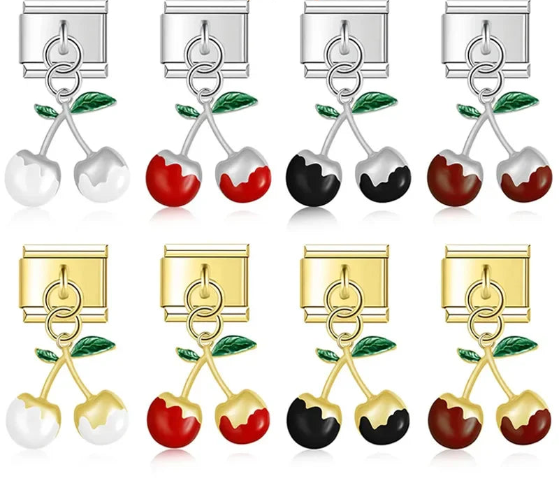 Cherry charms silver&gold – double cherry charm in silver and gold with colored enamel finish, Italian charm bracelet charms by Charmtastic