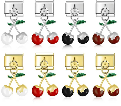 Cherry charms silver&gold – double cherry charm in silver and gold with colored enamel finish, Italian charm bracelet charms by Charmtastic