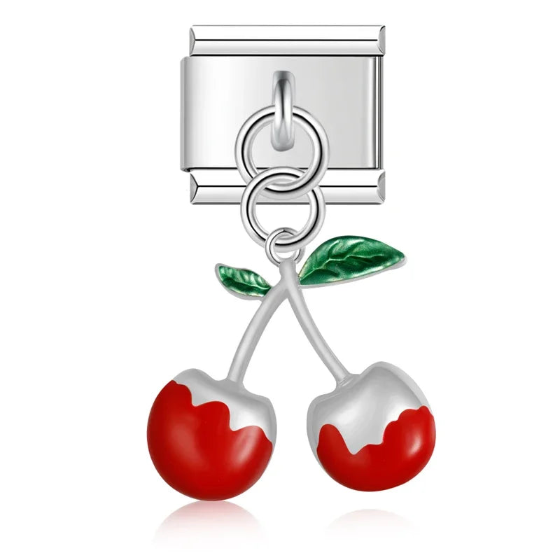 Cherry charms silver&gold – silver double cherry charm with red enamel finish, Italian charm bracelet charm by Charmtastic