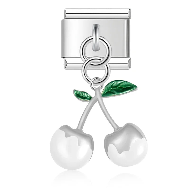 Cherry charms silver&gold – silver double cherry charm with white enamel finish, Italian charm bracelet charm by Charmtastic