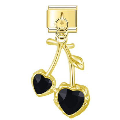 Gold cherry dangle charm with black heart CZ stones — Italian charm, by Charmtastic