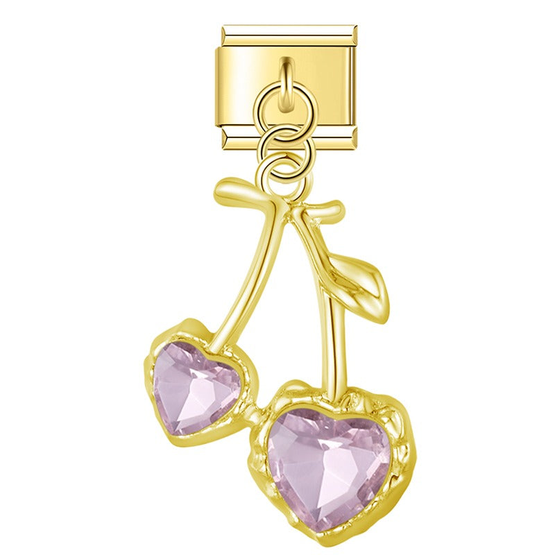 Gold cherry dangle charm with pink heart CZ stones — Italian charm, by Charmtastic
