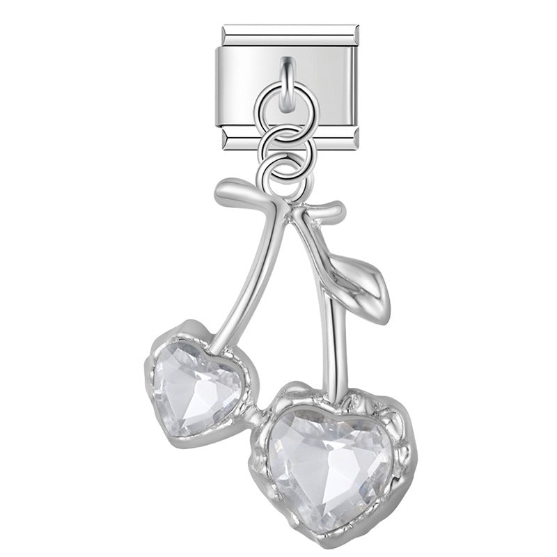 Silver cherry dangle charm with clear heart CZ stones — Italian charm, by Charmtastic