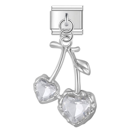 Silver cherry dangle charm with clear heart CZ stones — Italian charm, by Charmtastic