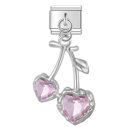Silver cherry dangle charm with pink heart CZ stones — Italian charm, by Charmtastic