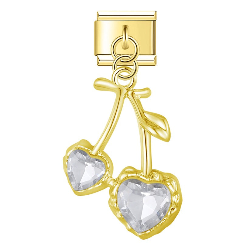 Gold cherry dangle charm with clear heart CZ stones — Italian charm, by Charmtastic