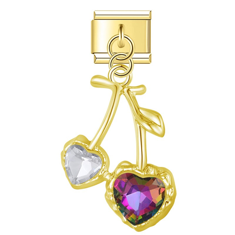 Gold cherry dangle charm with rainbow and clear heart CZ stones — Italian charm, by Charmtastic